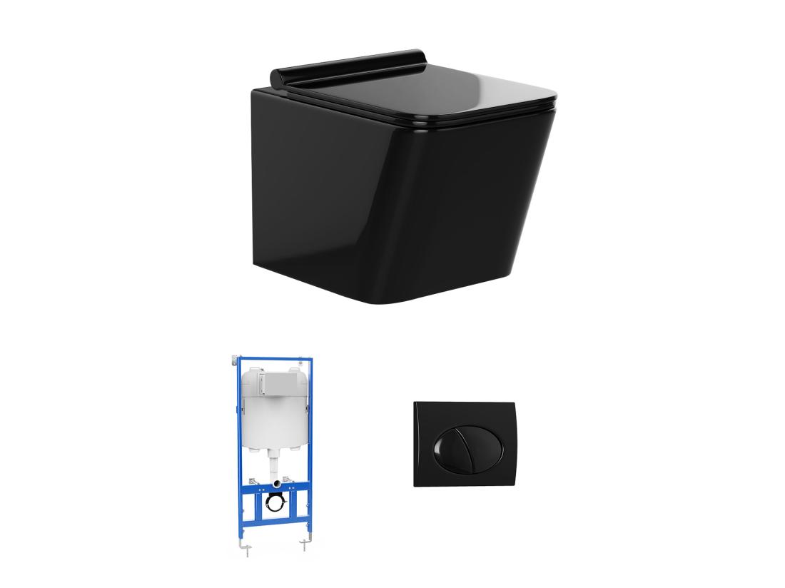 Vente Unique Pack WC Suspendu En Céramique Noir Brillant Avec Bâti-support Et Plaque De Déclenchement Ovale - CLEMONA