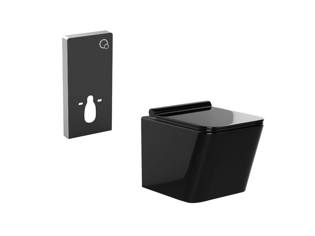 Vente Unique Pack WC Suspendu En Céramique Noir Brillant Avec Bâti-support Décoratif - CLEMONA