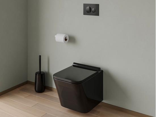 vente unique Pack WC suspendu en céramique noir brillant avec bâti-support et plaque de déclenchement ronde - CLEMONA