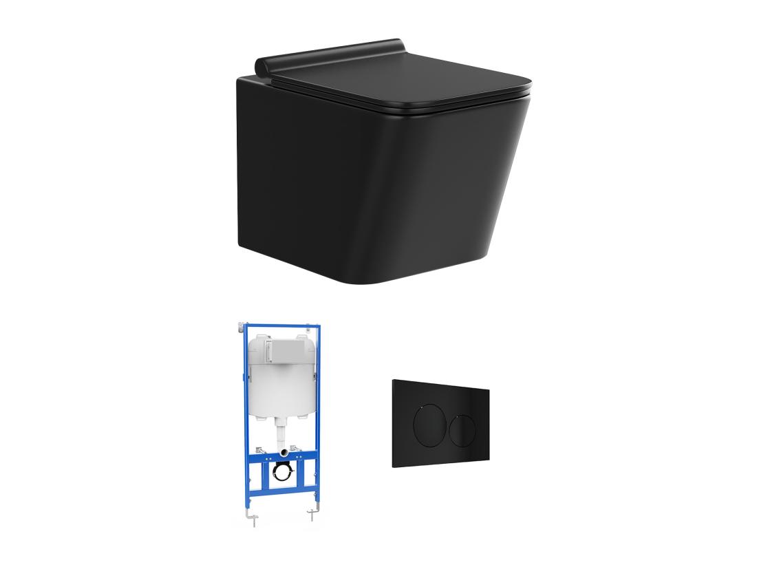 Vente Unique Pack WC Suspendu En Céramique Noir Mat Avec Option Bâti-support Et Plaque De Déclenchement Ronde - CLEMONA
