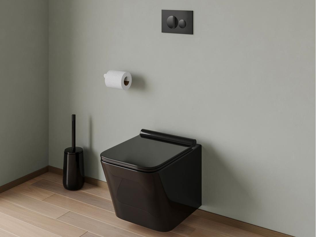 vente unique Pack WC suspendu en céramique noir mat avec option bâti-support et plaque de déclenchement ronde - CLEMONA