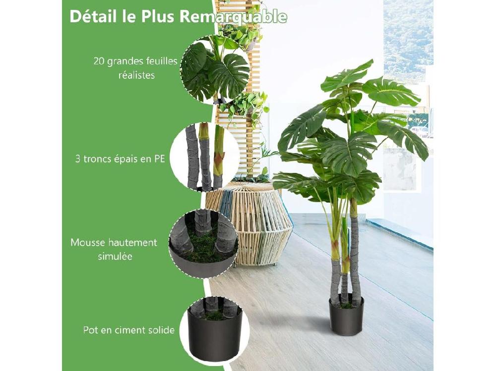 Vente Unique Palmier Artificiel Monstera Deliciosa 120CM Avec 20 Feuilles Fausse Plante Avec Pot En Ciment Et Mousse Réaliste Décoration Pour Maison Bureau Terrasse Vert
