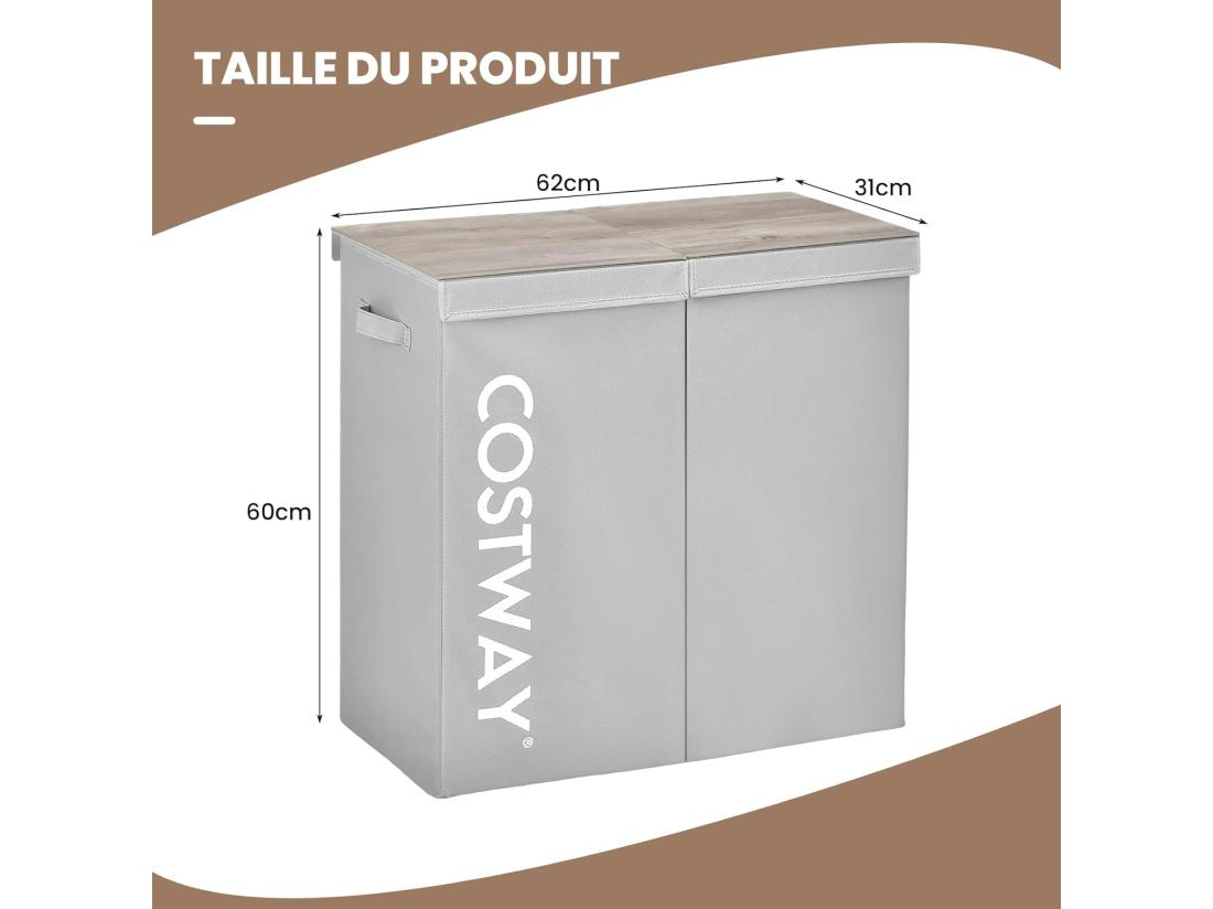 Vente Unique Panier à Linge 2 Compartiments 62 X 31 X 60 CM Gris