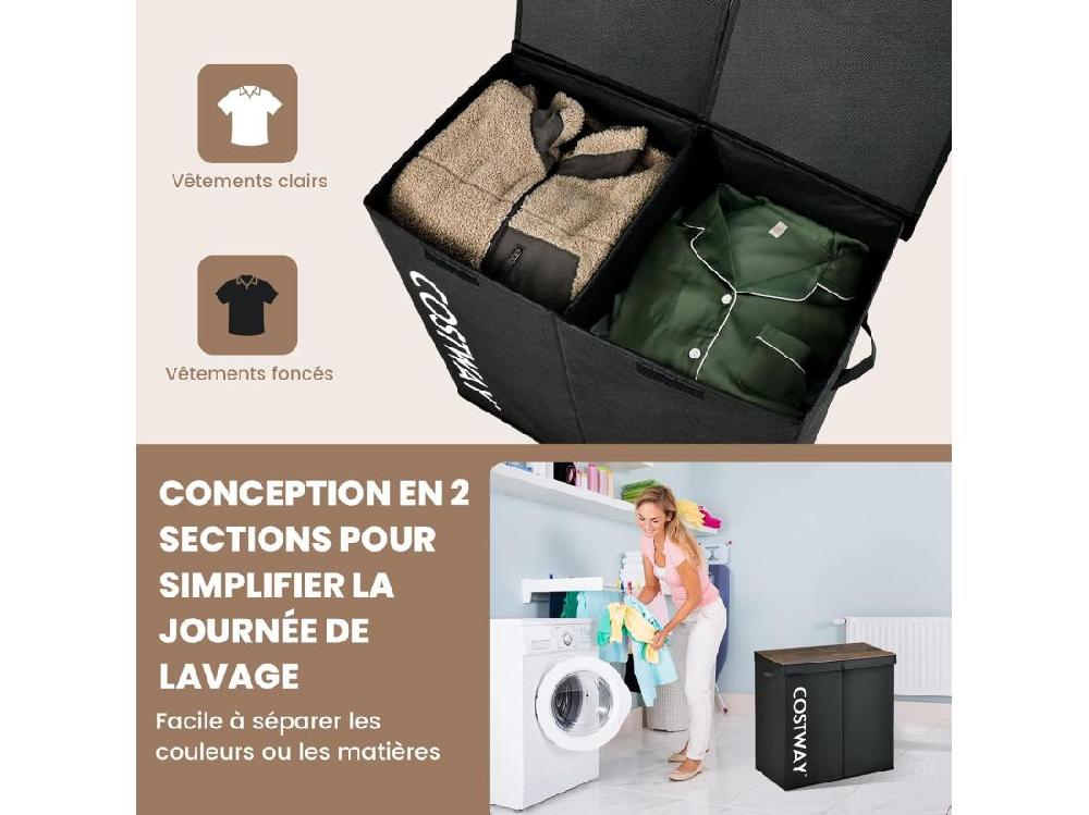 Vente Unique Panier à Linge 2 Compartiments Chambre 62 X 31 X 60 CM Noir
