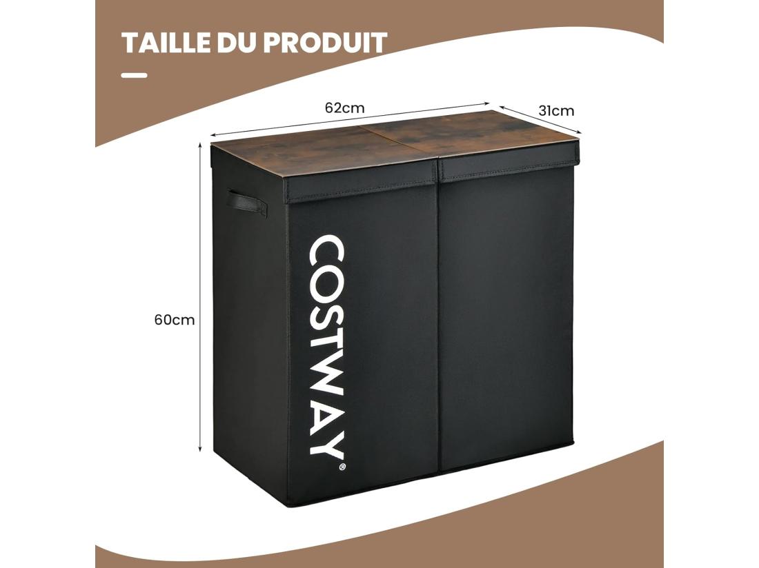 Vente Unique Panier à Linge 2 Compartiments Chambre 62 X 31 X 60 CM Noir
