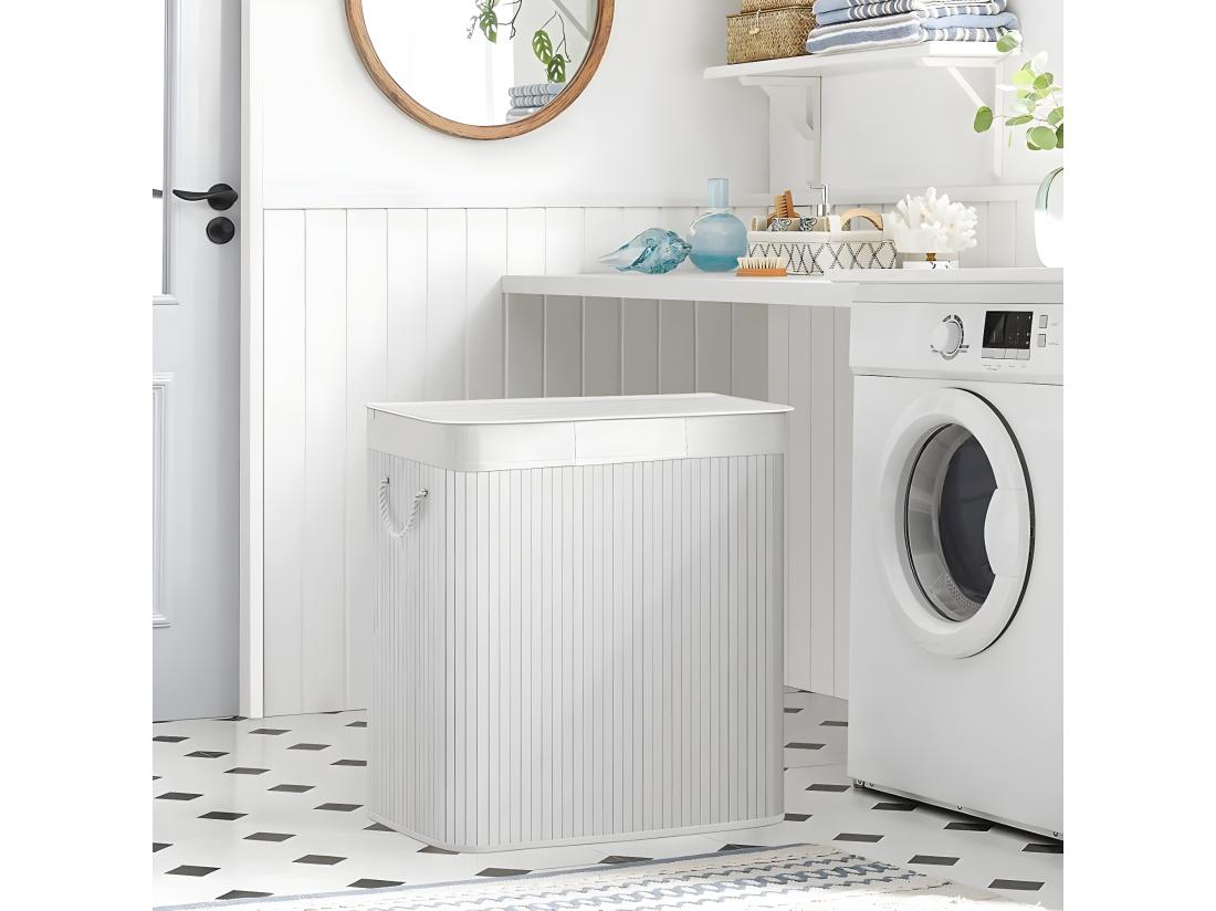 Vente Unique Panier à Linge 3 Compartiments Avec Sacs Amovibles Bambou Et Blanc