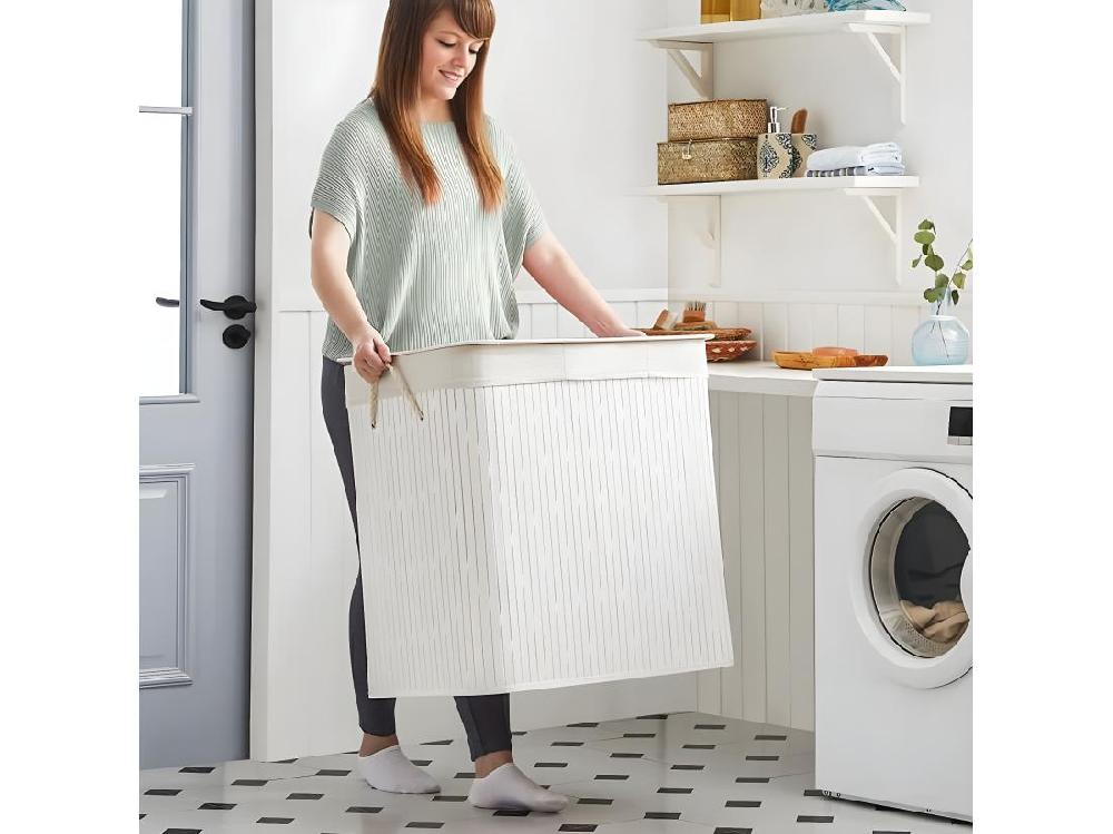 Vente Unique Panier à Linge 3 Compartiments Avec Sacs Amovibles Bambou Et Blanc