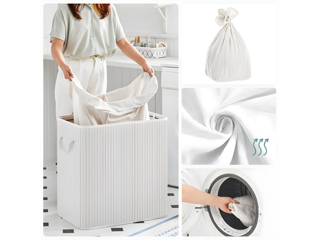 Vente Unique Panier à Linge 3 Compartiments Avec Sacs Amovibles Bambou Et Blanc