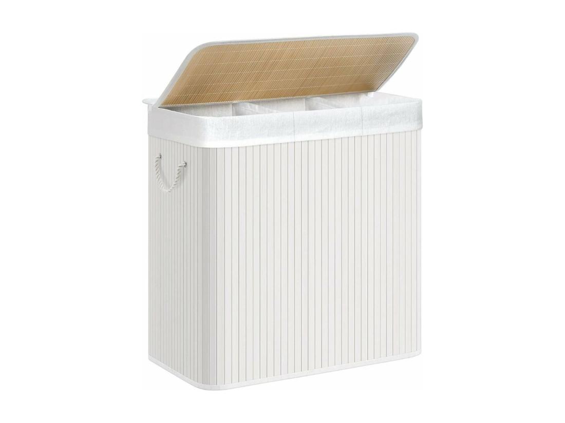 Vente Unique Panier à Linge 3 Compartiments Avec Sacs Amovibles Bambou Et Blanc