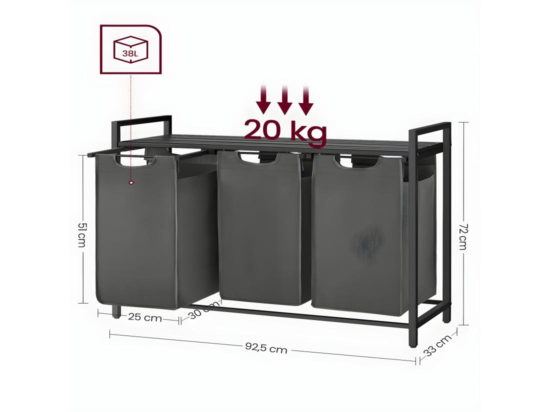 Vente Unique Panier à Linge 3 Compartiments - L92 5 Cm
