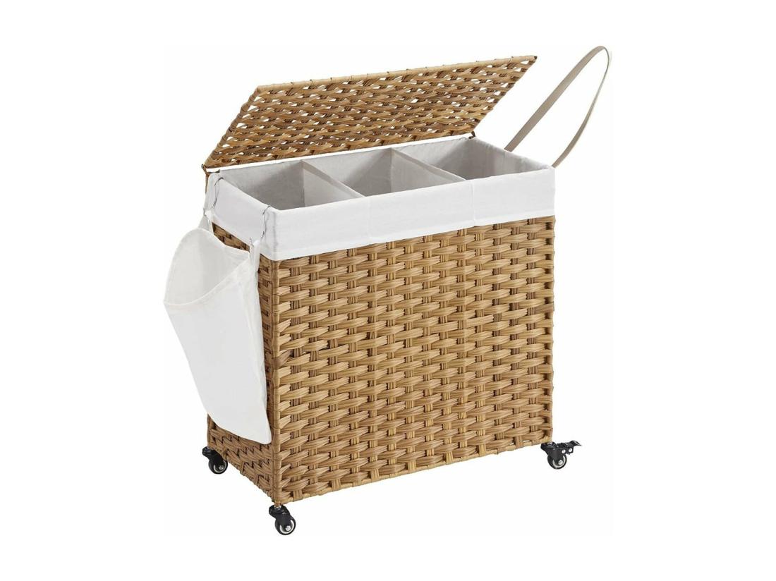 Vente Unique Panier à Linge 3 Compartiments Sur Roulettes Imitation Jonc Naturel