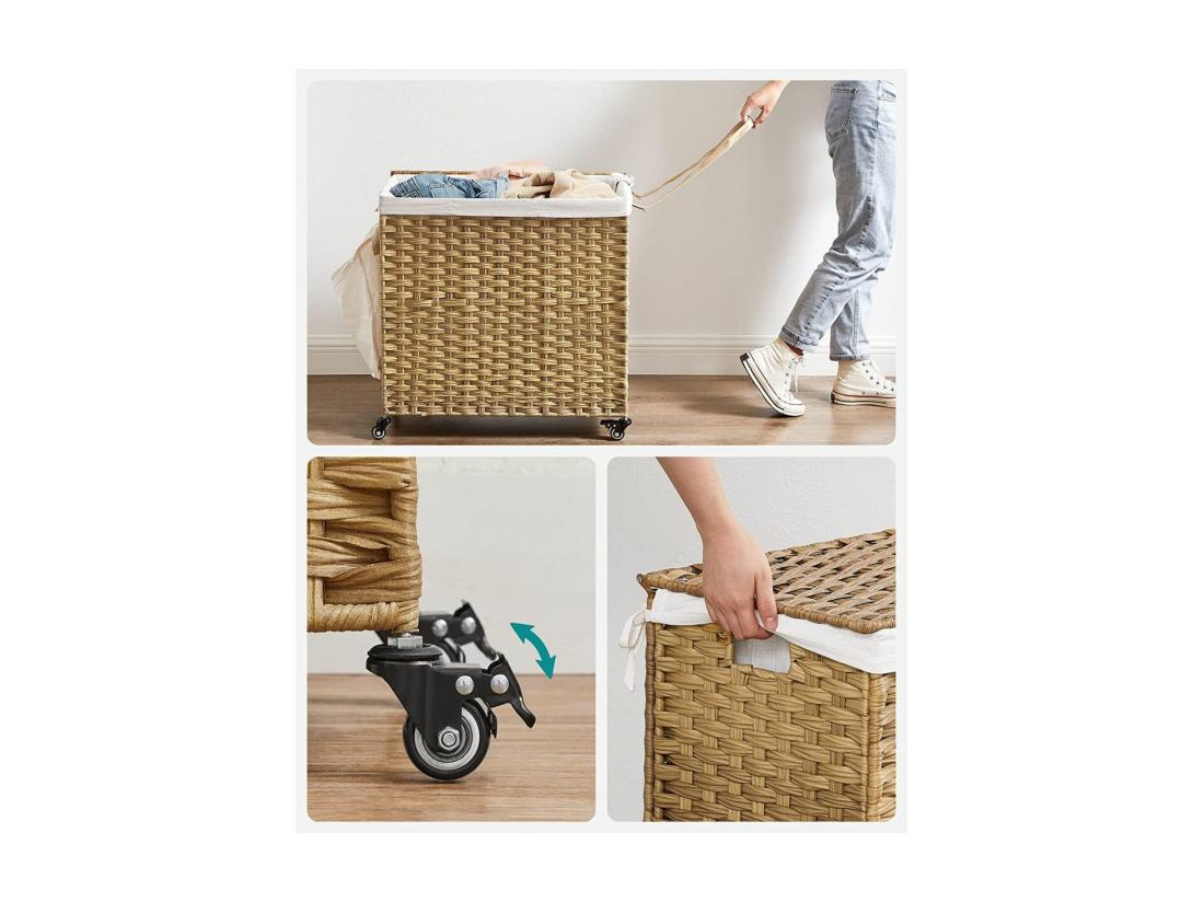 Vente Unique Panier à Linge 3 Compartiments Sur Roulettes Imitation Jonc Naturel