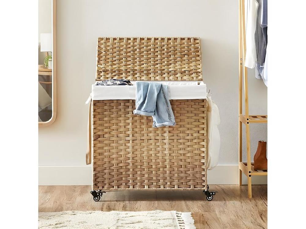 Vente Unique Panier à Linge 3 Compartiments Sur Roulettes Imitation Jonc Naturel