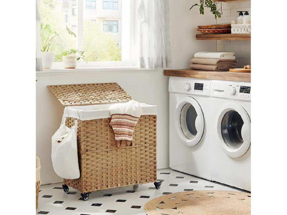 vente unique Panier à Linge 3 Compartiments sur Roulettes Imitation Jonc Naturel