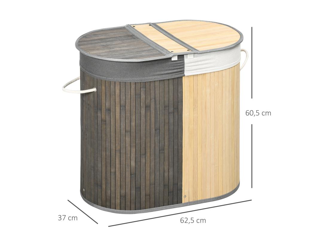Vente Unique Panier à Linge Corbeille à Linge Bac à Linge 100 L 2 Compartiments Couvercle Sac Amovible 2 Poignées Tissu Bambou