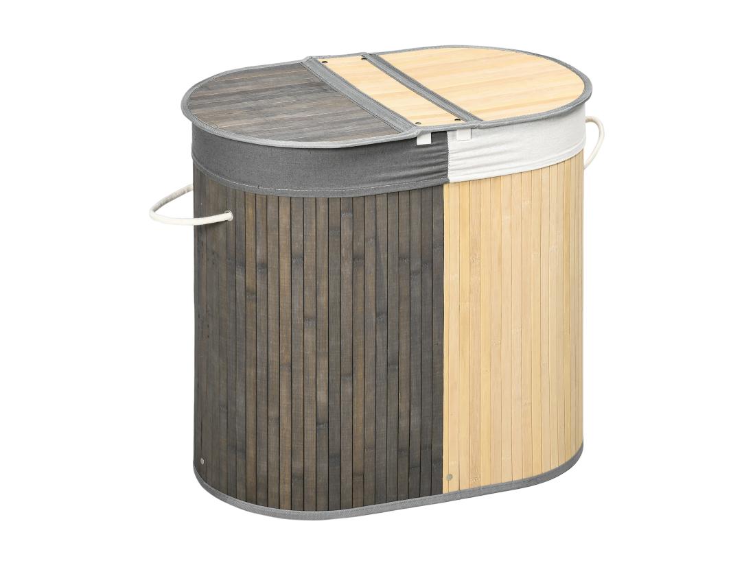 Vente Unique Panier à Linge Corbeille à Linge Bac à Linge 100 L 2 Compartiments Couvercle Sac Amovible 2 Poignées Tissu Bambou