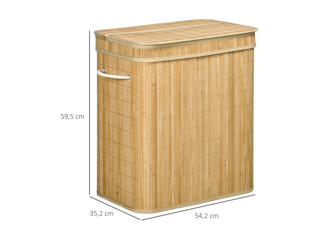 Vente Unique Panier à Linge Corbeille à Linge Bac à Linge 100 L 2 Compartiments Couvercle Sac Amovible 2 Poignées Tissu Bambou