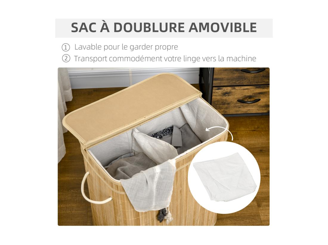 Vente Unique Panier à Linge Corbeille à Linge Bac à Linge 100 L 2 Compartiments Couvercle Sac Amovible 2 Poignées Tissu Bambou