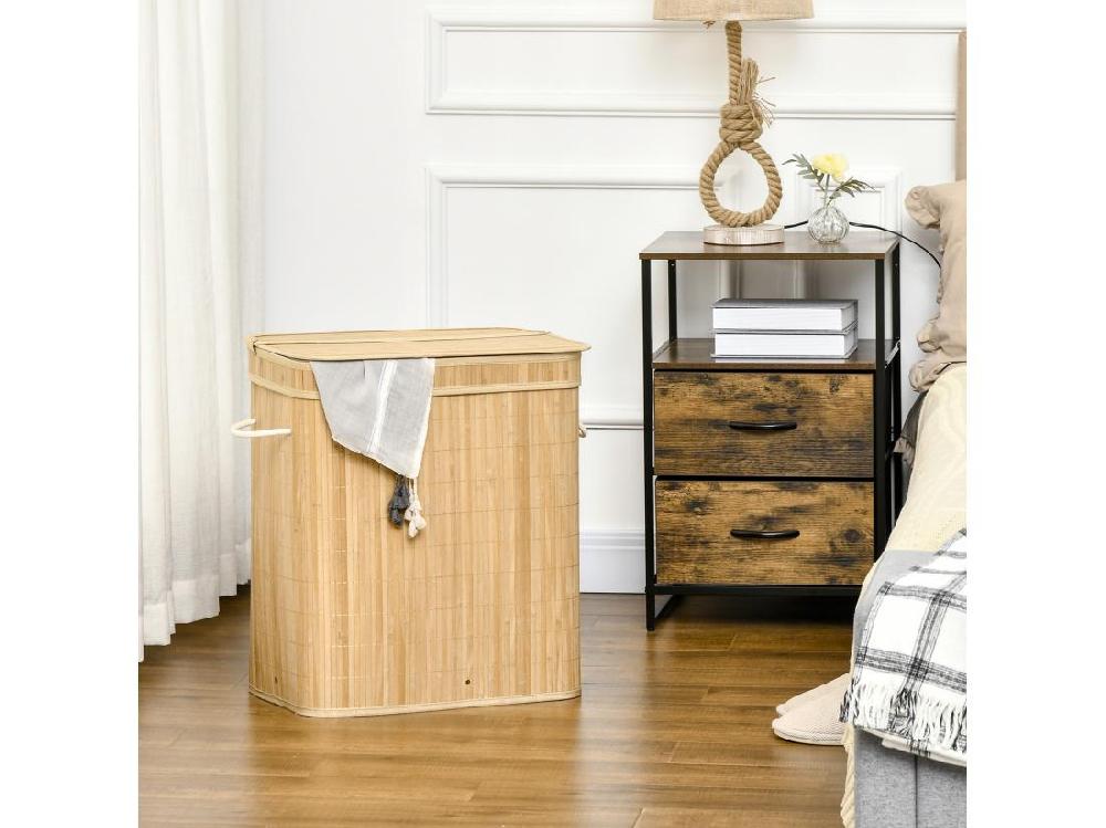 vente unique Panier à linge corbeille à linge bac à linge 100 L 2 compartiments couvercle sac amovible 2 poignées tissu bambou