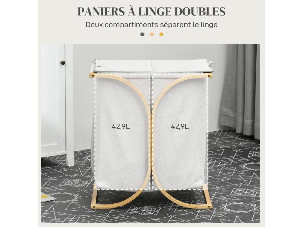 Vente Unique Panier à Linge Corbeille à Linge Bac Linge Sale 2 Paniers Bambou Polyester Gris