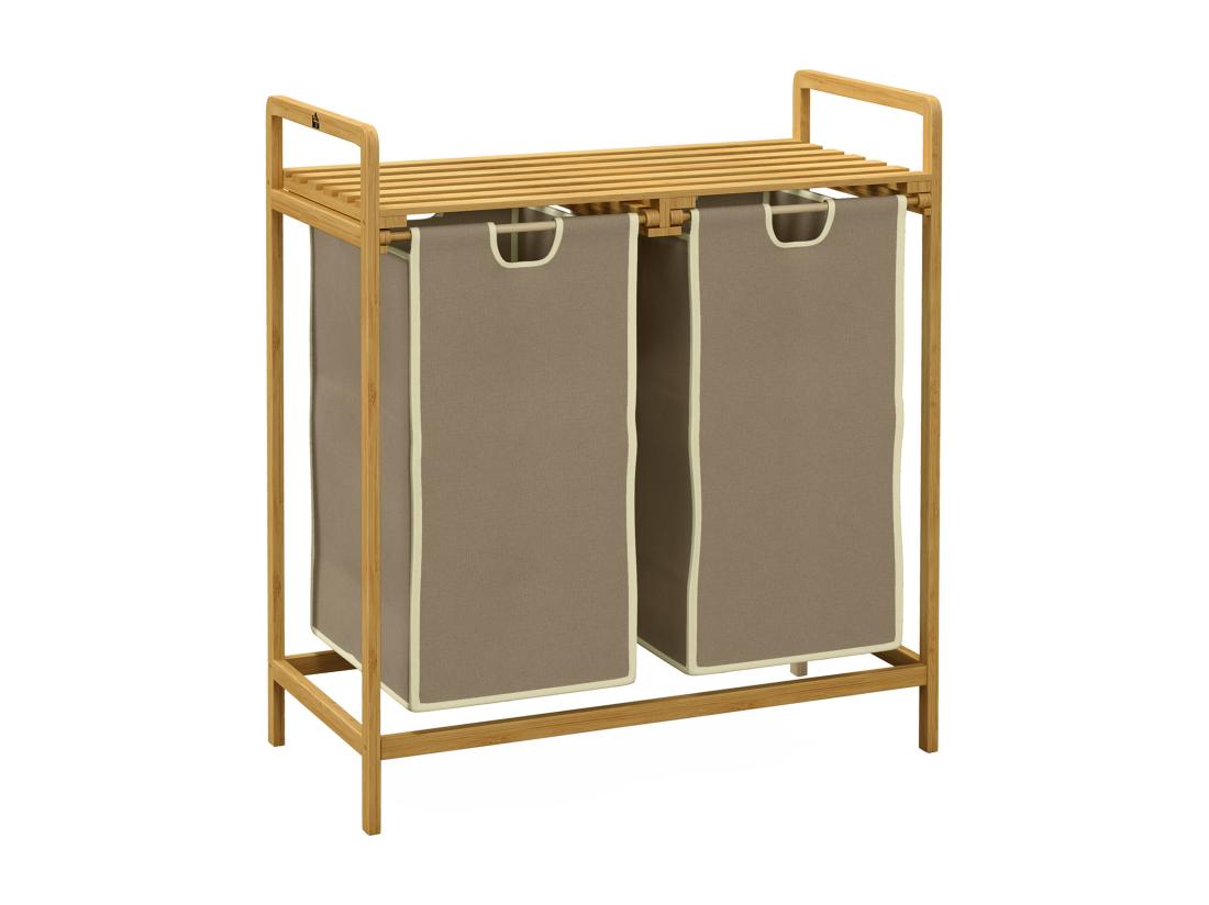 Vente Unique Panier à Linge Corbeille à Linge Bambou 2 Paniers Amovibles Crème