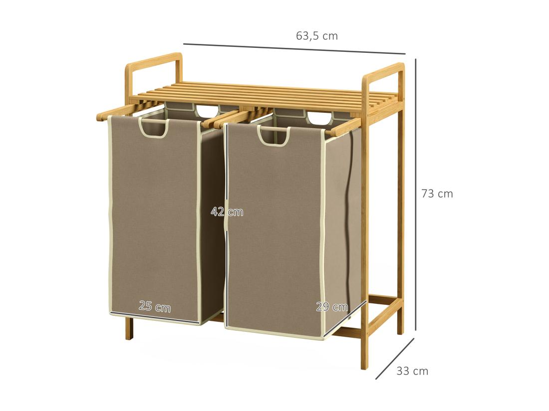 Vente Unique Panier à Linge Corbeille à Linge Bambou 2 Paniers Amovibles Crème