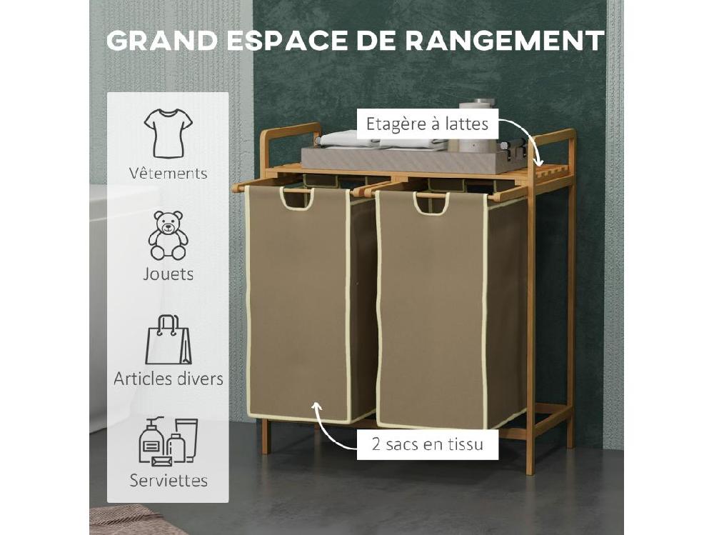 Vente Unique Panier à Linge Corbeille à Linge Bambou 2 Paniers Amovibles Crème