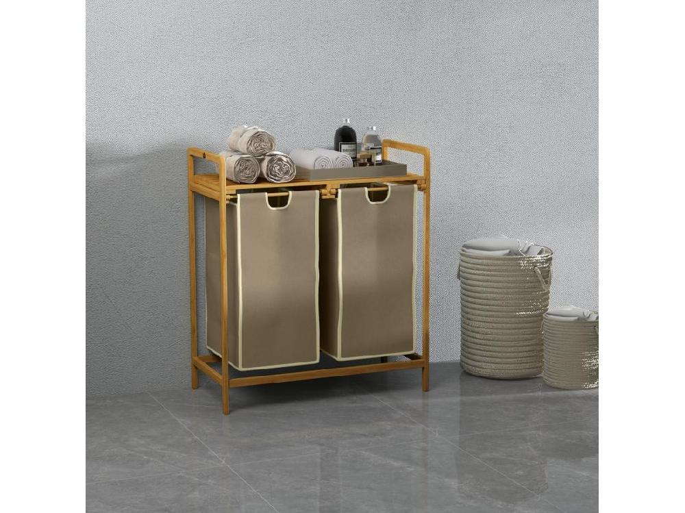 vente unique Panier à linge corbeille à linge bambou 2 paniers amovibles crème