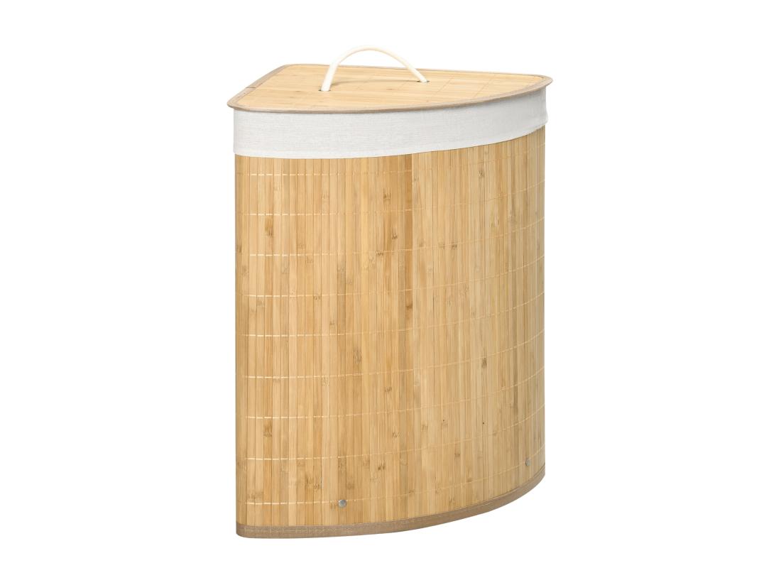 Vente Unique Panier à Linge D'angle Corbeille à Linge Bac à Linge 55 L Couvercle Sac Amovible Poignée Bambou Tissu
