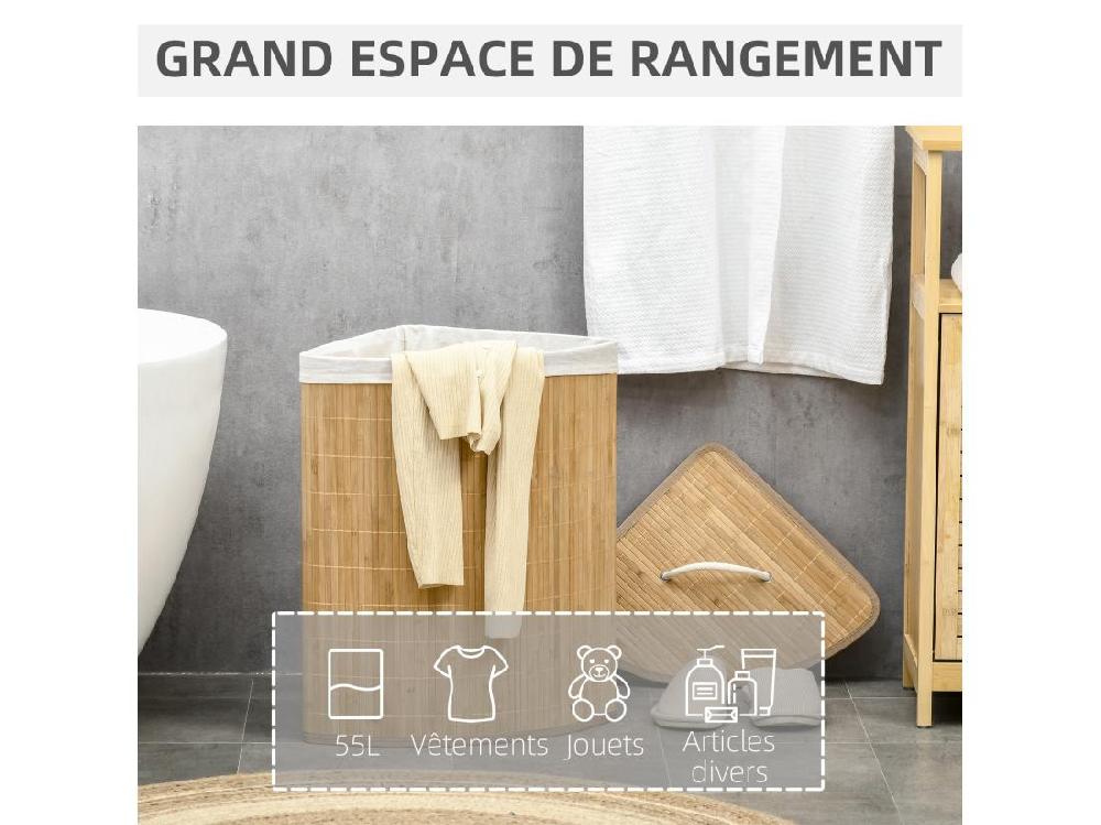 Vente Unique Panier à Linge D'angle Corbeille à Linge Bac à Linge 55 L Couvercle Sac Amovible Poignée Bambou Tissu