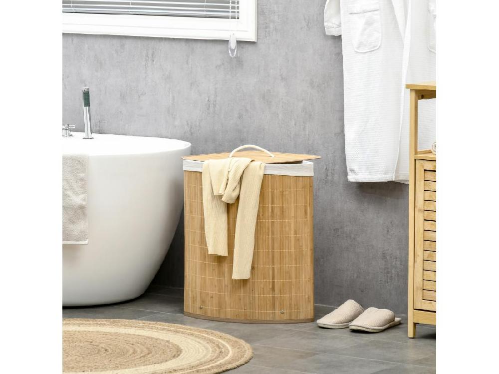 vente unique Panier à linge d'angle corbeille à linge bac à linge 55 L couvercle sac amovible poignée bambou tissu
