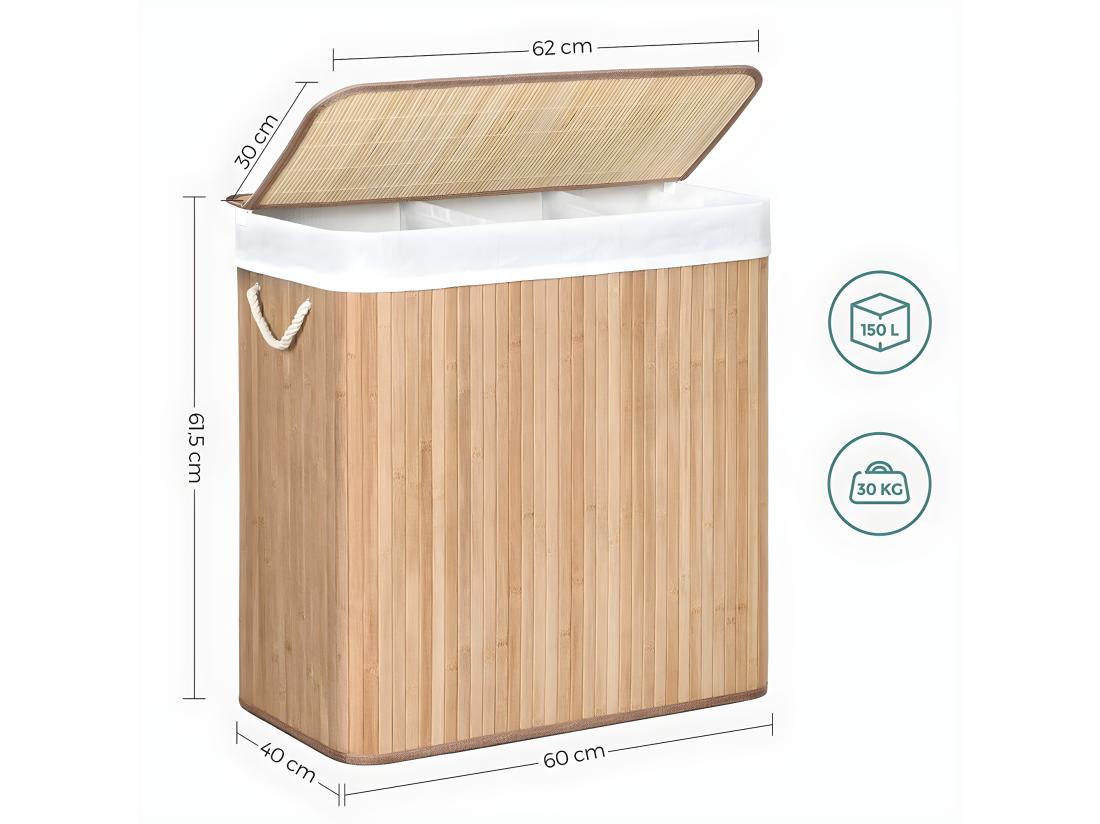Vente Unique Panier à Linge En Bambou 3 Compartiments Avec Couvercle Et Poignées 150L - L60 X H61 5 Cm