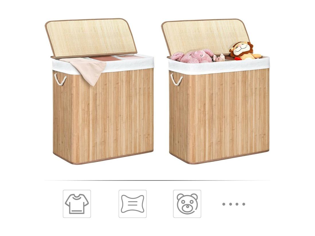 Vente Unique Panier à Linge En Bambou 3 Compartiments Avec Couvercle Et Poignées 150L - L60 X H61 5 Cm