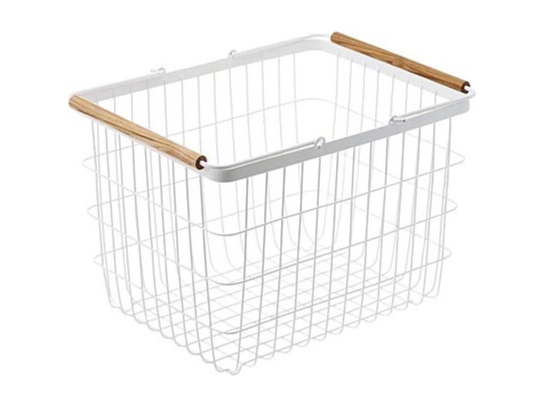 Vente Unique Panier à Linge Métal Blanc Avec Anses En Bois H38.5cm