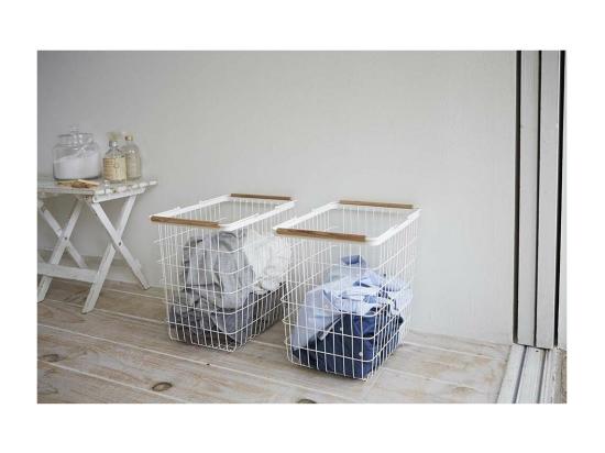 Vente Unique Panier à Linge Métal Blanc Avec Anses En Bois H38.5cm