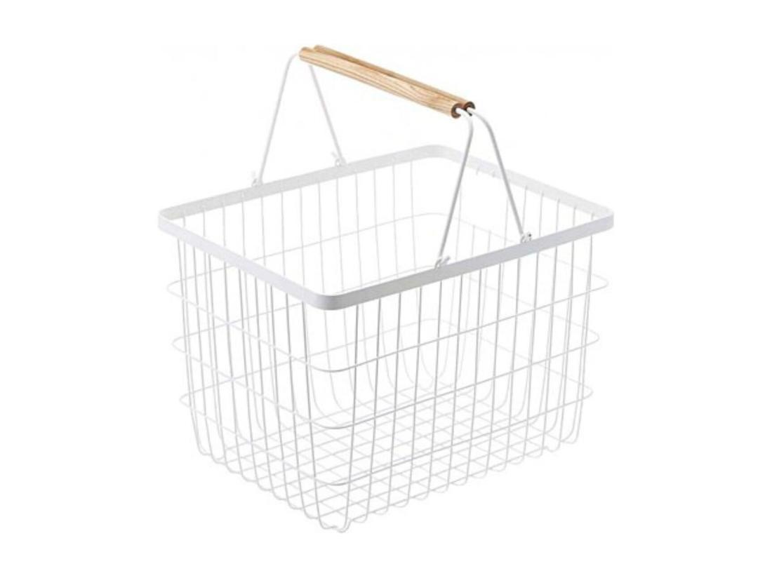 vente unique Panier à linge métal blanc avec anses en bois H38.5cm