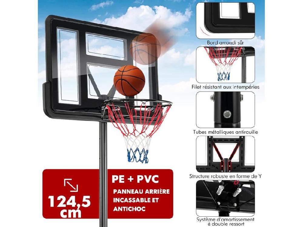 Vente Unique Panier De Basket-Ball Sur Pied Avec Hauteur Réglable 130-305cm/Ensemble De Basketball Portable Avec 2 Filet-Panneau Arrière/Jeu De Sport Exterieur Interieur Pour Enfants/Adultes Noir