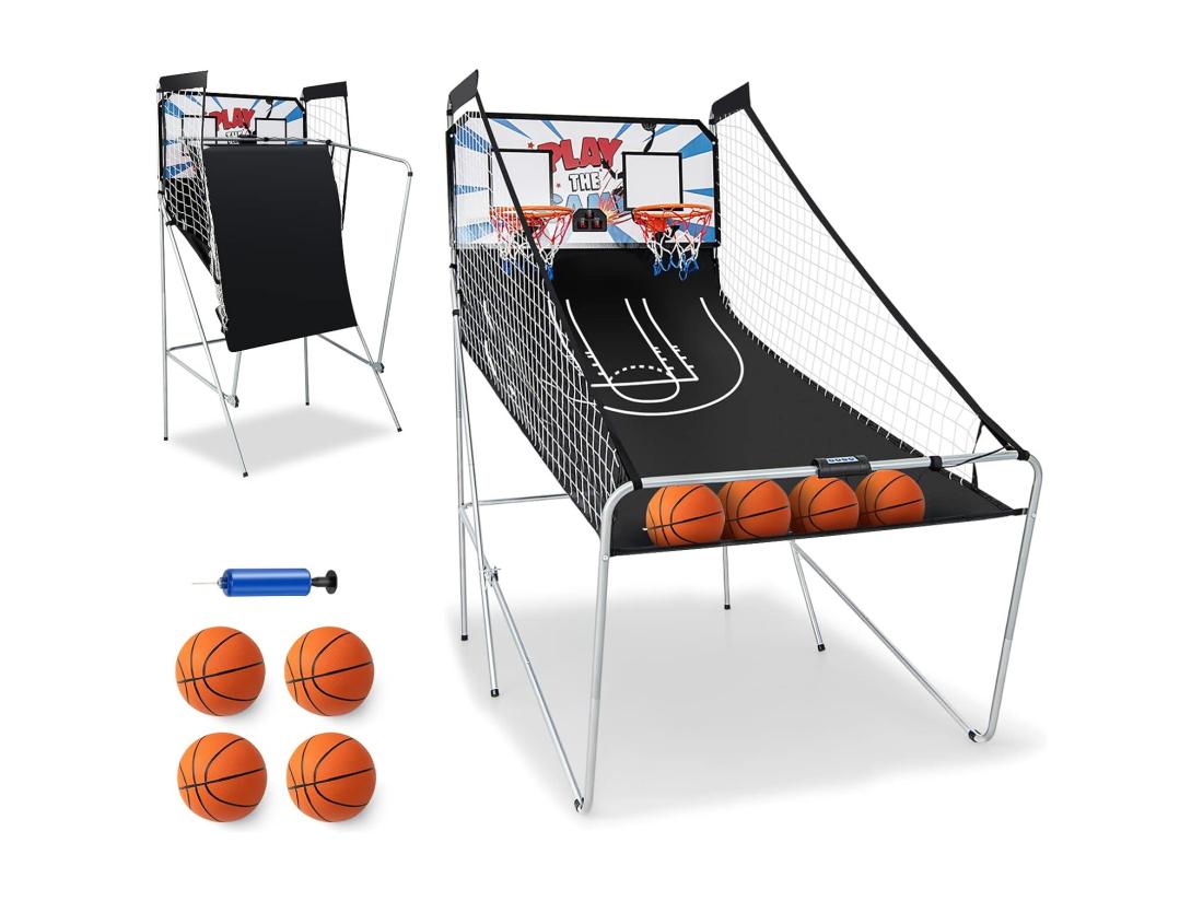 vente unique Panier de Basketball Pliable à 2 Panier 4 Balles Pompe de Gonflage Jeu de Basketball Arcade avec Système de Pointage 8 Modes de Jeux pour Enfants Adultes (Blanc)