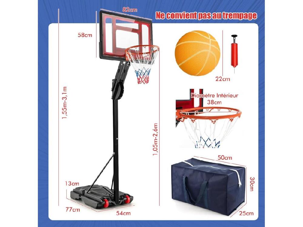 Vente Unique Panier De Basketball Sur Pieds Hauteur Réglable De 1 55 à 3 1 M Support De Basketball Portable Avec Panneau Arrière En Pet Basket-Ball Et Pompe