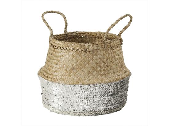 Vente Unique Panier Rond Tressé Jonc De Mer En Sequin Coloris Argent