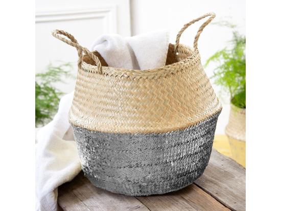 Vente Unique Panier Rond Tressé Jonc De Mer En Sequin Coloris Argent