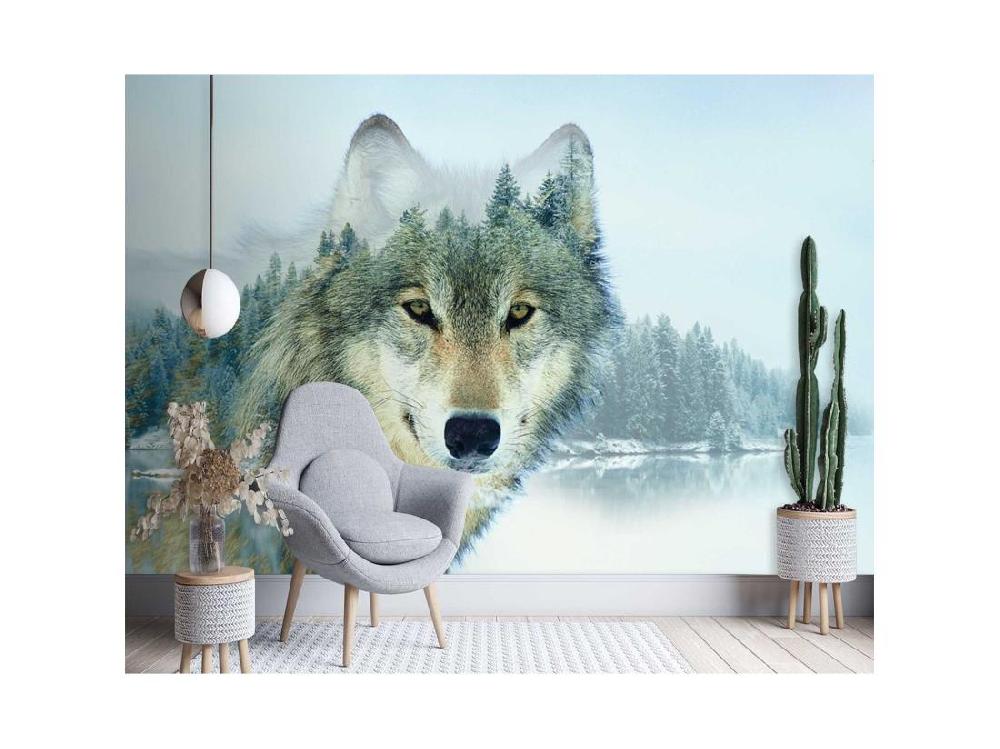 Vente Unique Papier Peint Loup Et Un Lac - 400 X 280 Cm