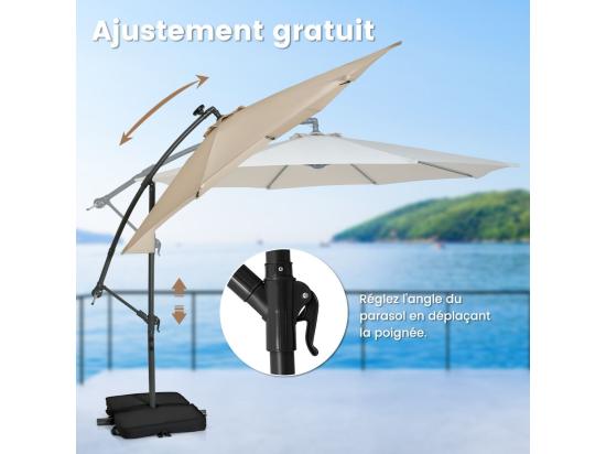Vente Unique Parasol Déporté 3x3M Grand Parasol De Jardin Extérieur Lumineux LED Solaire Avec 2 Sacs De Sable Base Croisée Parasol Inclinable Avec Manivelle Pour Balcon Jardin Terrasse Plage (Beige)