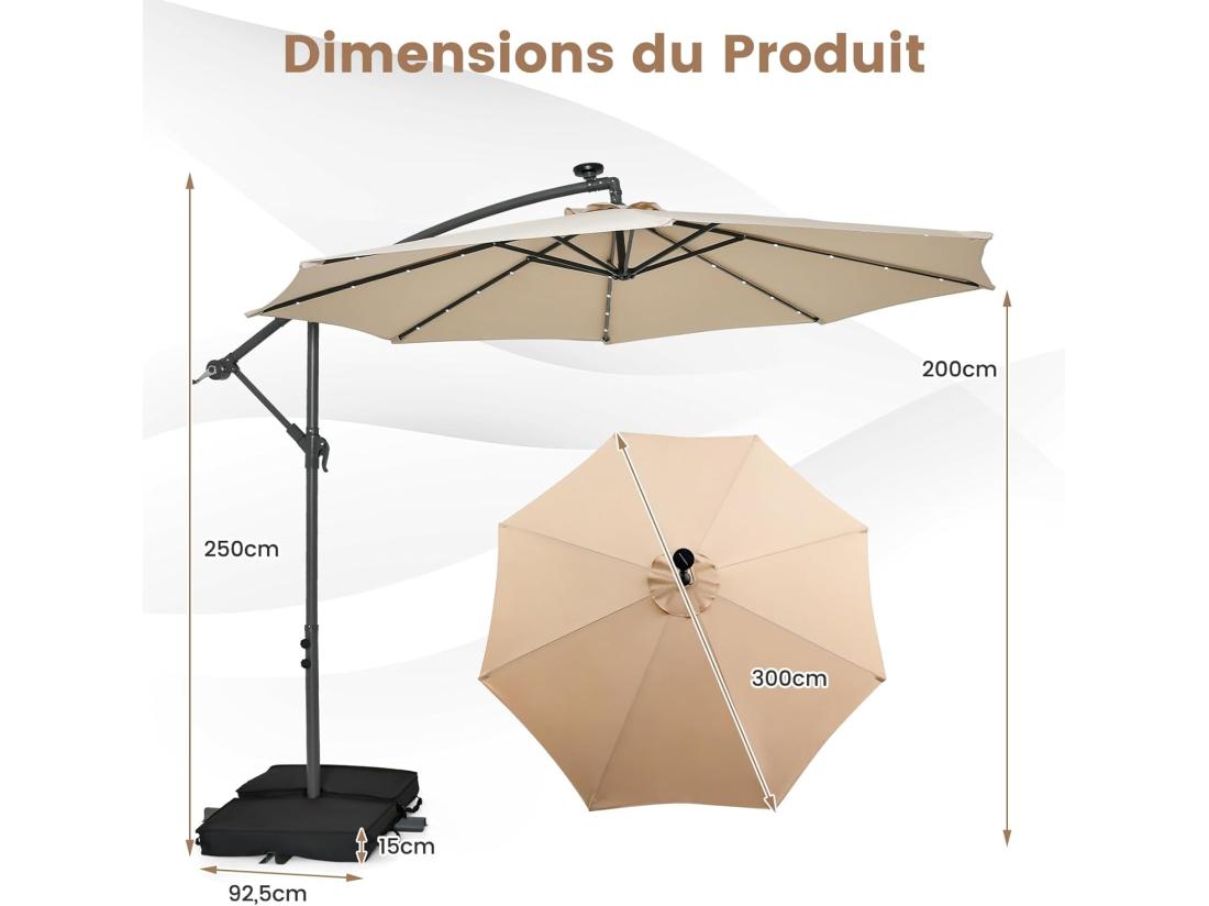 Vente Unique Parasol Déporté 3x3M Grand Parasol De Jardin Extérieur Lumineux LED Solaire Avec 2 Sacs De Sable Base Croisée Parasol Inclinable Avec Manivelle Pour Balcon Jardin Terrasse Plage (Beige)