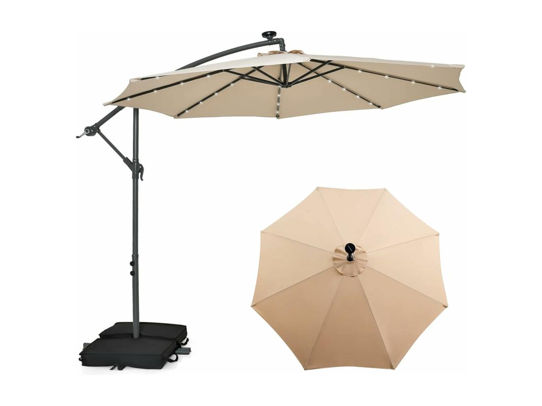 Vente Unique Parasol Déporté 3x3M Grand Parasol De Jardin Extérieur Lumineux LED Solaire Avec 2 Sacs De Sable Base Croisée Parasol Inclinable Avec Manivelle Pour Balcon Jardin Terrasse Plage (Beige)
