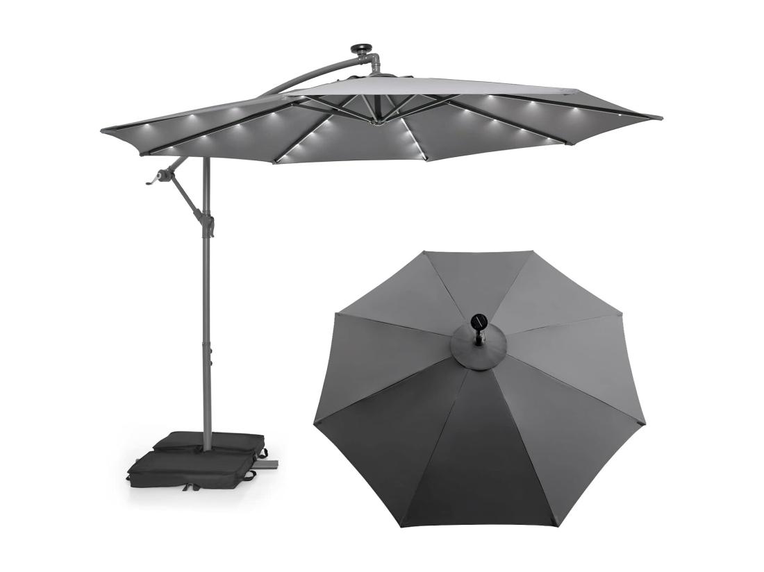 Vente Unique Parasol Déporté 3x3M Grand Parasol De Jardin Extérieur Lumineux LED Solaire Avec 2 Sacs De Sable Base Croisée Parasol Inclinable Avec Manivelle Pour Balcon Jardin Terrasse Plage (Gris)