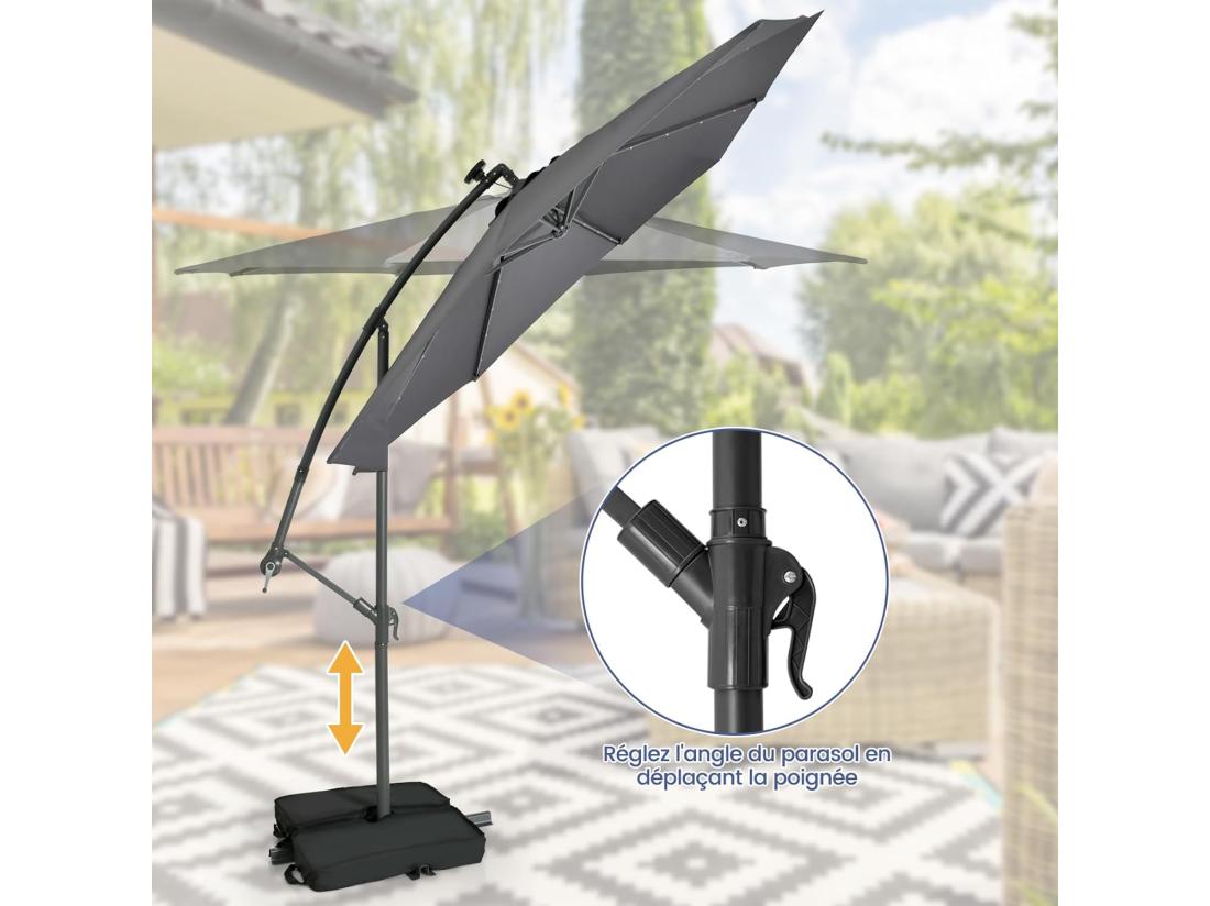 Vente Unique Parasol Déporté 3x3M Grand Parasol De Jardin Extérieur Lumineux LED Solaire Avec 2 Sacs De Sable Base Croisée Parasol Inclinable Avec Manivelle Pour Balcon Jardin Terrasse Plage (Gris)
