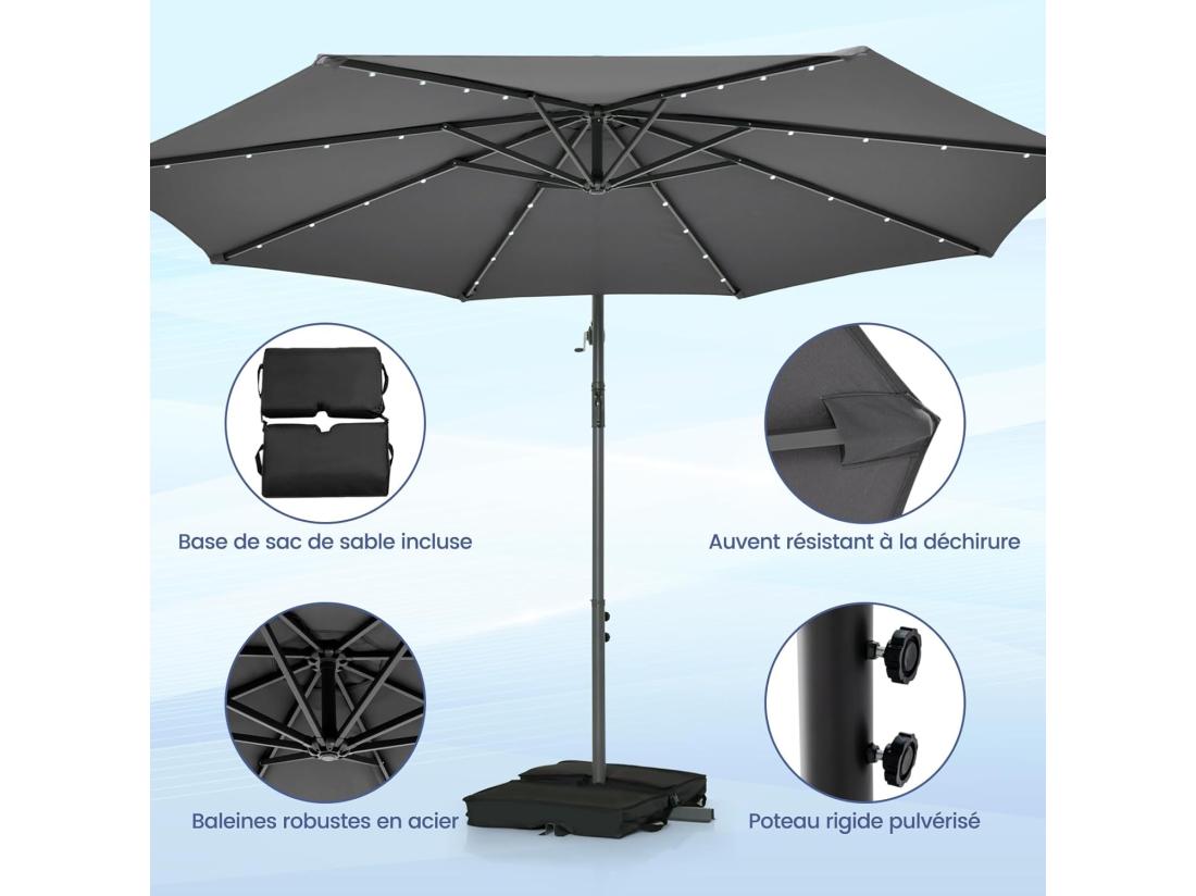 vente unique Parasol Déporté 3x3M Grand Parasol de Jardin Extérieur Lumineux LED Solaire avec 2 Sacs de Sable Base Croisée Parasol Inclinable avec Manivelle pour Balcon Jardin Terrasse Plage (Gris)
