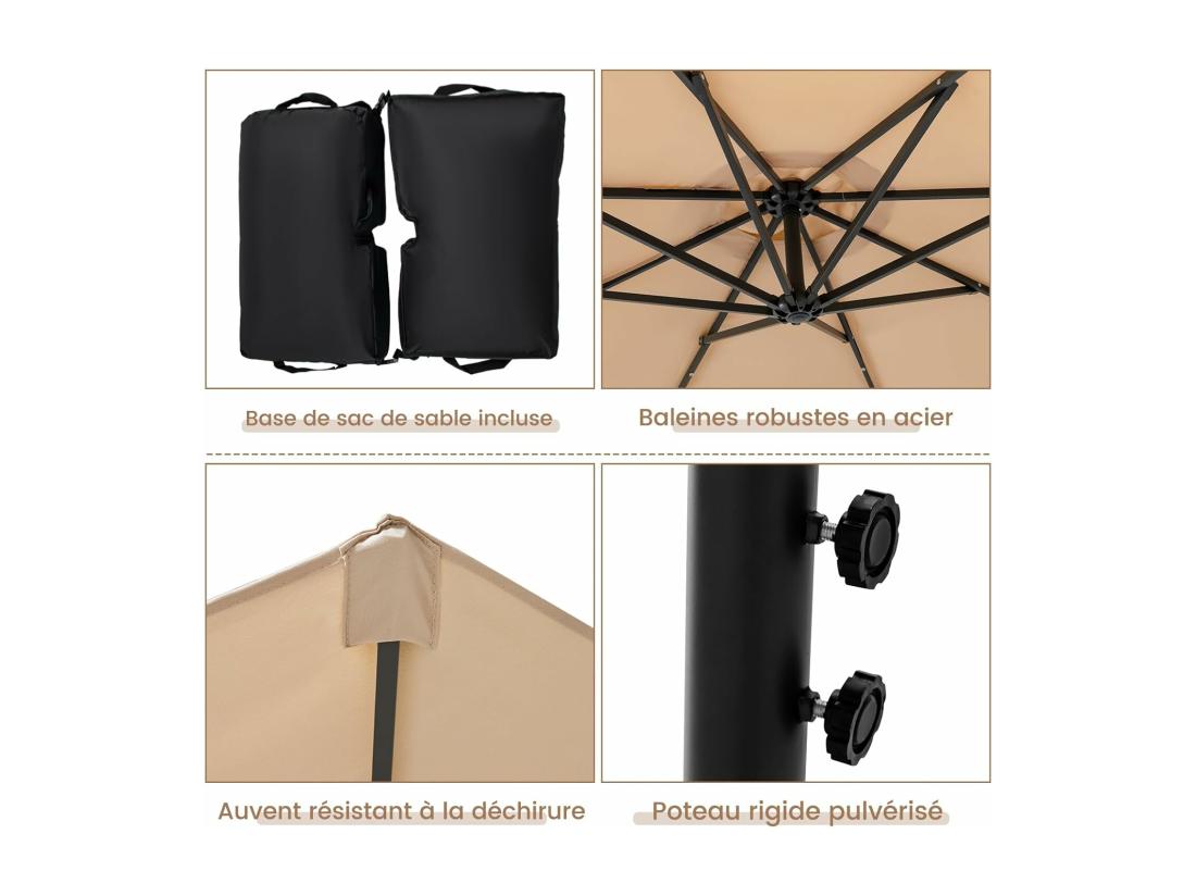 vente unique Parasol Déporté 3x3M Grand Parasol de Jardin Extérieur Lumineux LED Solaire avec 2 Sacs de Sable Base Croisée Parasol Inclinable avec Manivelle pour Balcon Jardin Terrasse Plage (Beige)