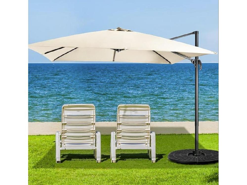 Vente Unique Parasol Déporté Inclinable 3x3M Avec Base Croisée Rotatif à 360° Manivelle 8 Baleines Event Pour Jardin Terrasse H273 Cm （Beige)